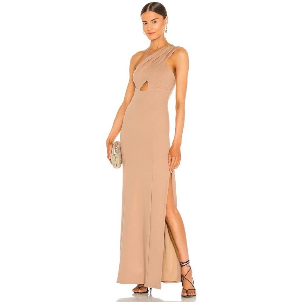 lovers and friends nude beige stacey one shoulder cutout slit maxi dress gown in